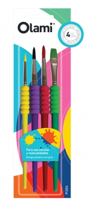 Pincel Escolar X4 C/Grip Color Olami